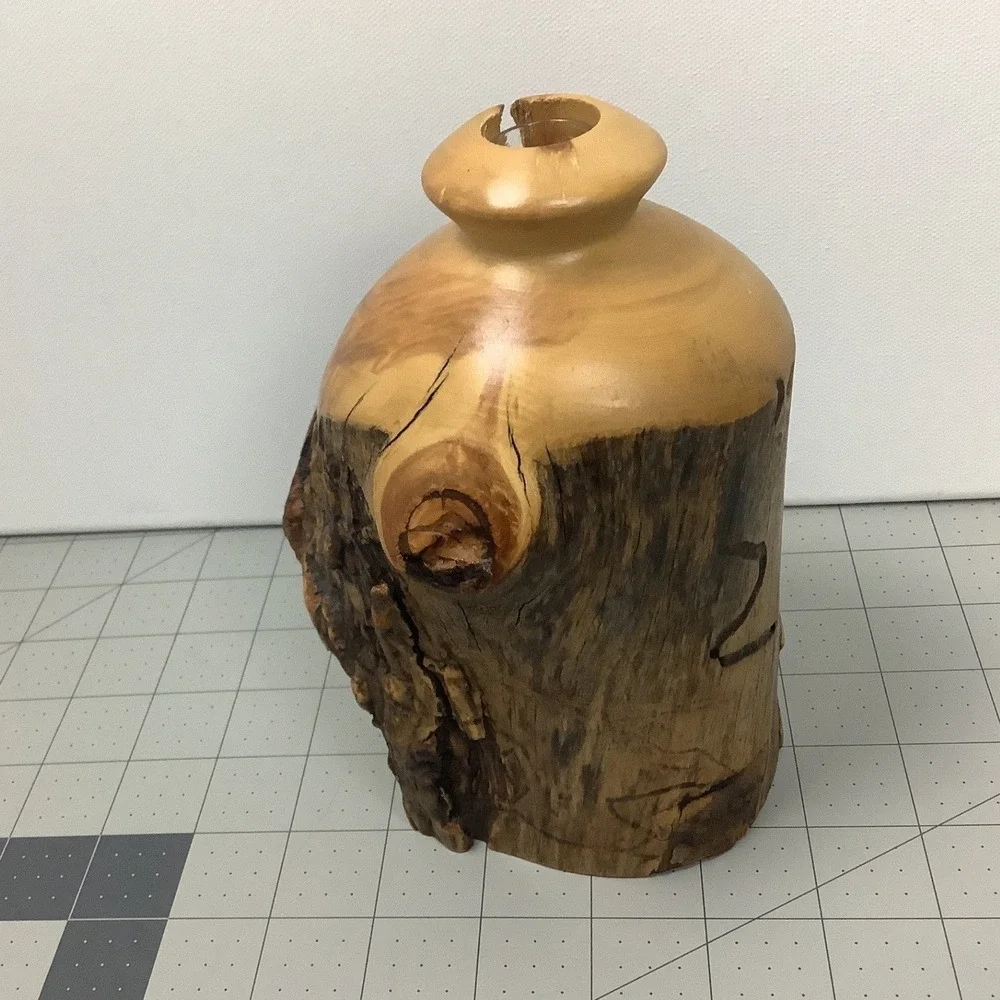 Vintage Live Edge Wood Vase Rustic Studio Art Burl Log Bud Vase w Glass Insert